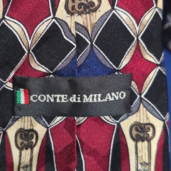 Conte Di Milano Extra-Long Italian Silk Tie Red & Black Geometric Key Pattern - Picture 2 of 6